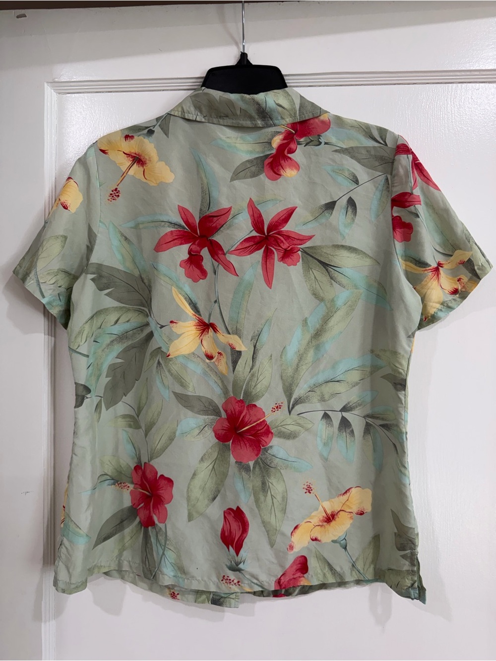 Linden Light Sage 100% Silk Shirt with Red & Yellow Floral Accents - Picture 7 of 7